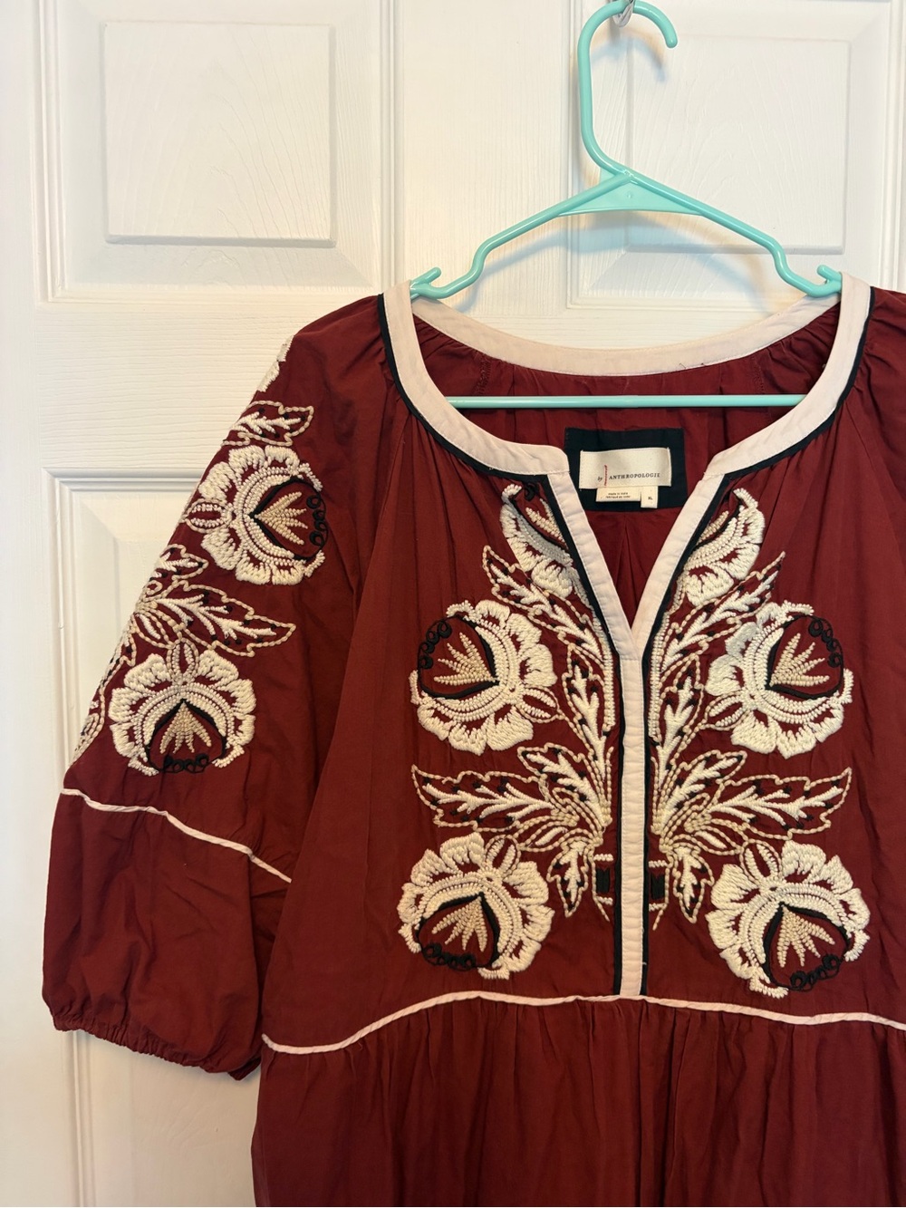 Anthropologie Embroidered Burgundy Maxi Dress with Ivory Accents - Picture 2 of 4